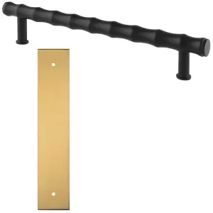 Pull Handle & Contrasting Backplate Set - Modern Bamboo T Bar - Matt Black & Satin Brass