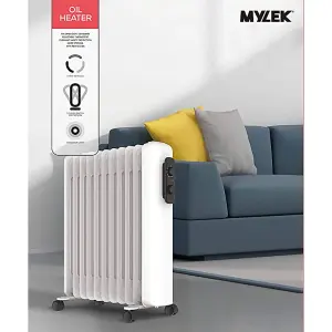 Mylek Oil Filled Radiator Electric Heater Portable With Adjustable Thermostat - White 2500w