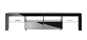 Modern Black 200cm Matt Gloss TV Stand Cabinet Suitable for 55 - 80 Inch 4K LED Flat Screen TV's Glass Shelves