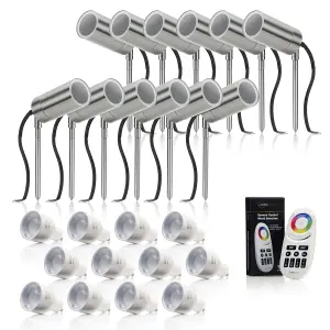 Auraglow Stainless Steel GU10 Holder Garden Spike Light - Colour Changing - 12 PACK