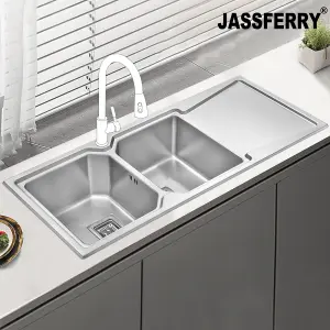 JASSFERRY Brilliant Inset Kitchen Sink 1.2 mm Stainless Steel Double Bowl Right Hand Drainer Square Strainer Plug