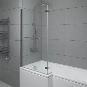 SunDaze 6mm Toughened Safety Glass L Shaped Shower Bath Screen Hinged Return and Towel Rail Chrome