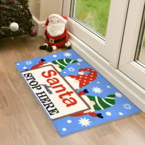 JVL Festive Christmas Machine Washable Indoor Doormat, 40x57cm, Santa Stop Here, Blue