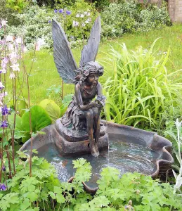 Primrose Fairy on a Clam Shell Solar Powered Garden Outdoor Water Feature Fountain H78cm