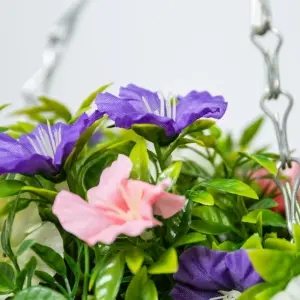 Pair of Artificial Petunia Flowers Rattan Hanging Basket Decoration Pink Purple & White 25cm