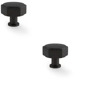 2 PACK - Industrial Hex Cabinet Door Knob - 40mm Matt Black Cupboard Pull Handle