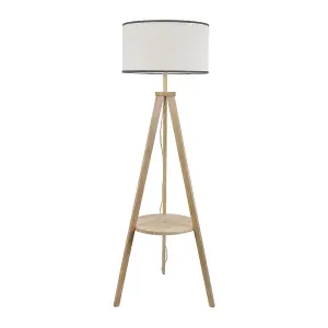 ValueLights Morrigan Wooden Tripod Floor Lamp with Linen Black Trim Drum Shade and LED Bulb