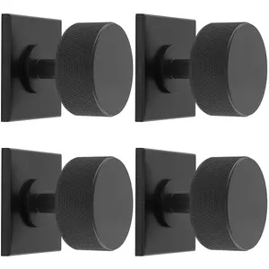 4 PACK - Knurled Radio Cabinet Door Knob & Matching Backplate - Matt Black 40 x 40mm