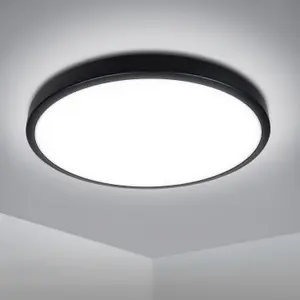 Extrastar 18W LED round Surface Mount Integrated Ceiling Light Flush Light cold white, bathroom waterproof, Black, IP54