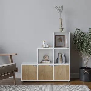 URBNLIVING Height 90.5cm 6 Cube Step Storage White Bookcase and Oak Doors for Home Office Organizer Display Shelf Unit