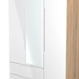 Milan Ready assembled Modern White & oak effect 2 Drawer Tall Triple Wardrobe With 1 mirror door (H)1970mm (W)1110mm (D)530mm