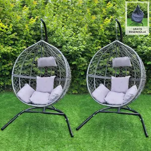 2 Garden Hanging Rattan Egg Chairs - Grey