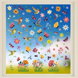 Huge Hummingbirds with Butterflies In The Meadow Of Flowers Spring Window Clings