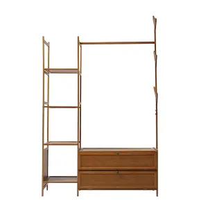 Bamboo Clothes Rail Clothing Hanging Stand Garment Rack with 2 Shoe Rack and 4 Shelves