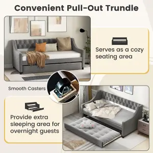 Costway Single Size Trundle Bed Linen Upholstered Daybed w/ Trundle Sofa Bed Frame