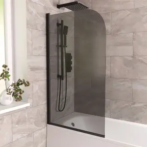 Nes Home Denver 800mm Curved Bath Screen Matt Black Profile Grey Tinted Glass Reversible