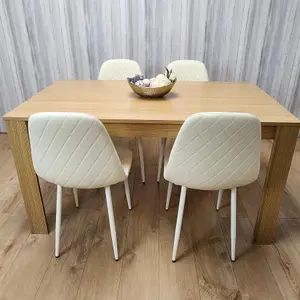 Wooden Dining Table with 4 Cream Gem Patterned Chairs Rusteic Effect Table with Cream Chairs