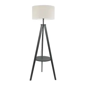 ValueLights Morrigan Grey Wood Tripod Floor Lamp with Linen White Trim Drum Shade