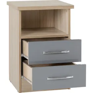 Cascio 2 Drawer Bedside Table Grey Gloss/Light Oak Effect Veneer