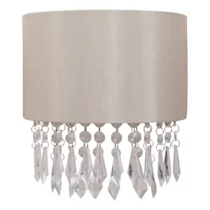 First Choice Lighting Set of 2 Jewelled Pale Gold Fabric Wall Lights With Clear Beaded Crystal Style Strings