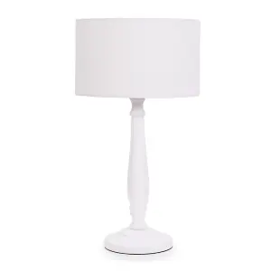 ValueLights Victoria Traditional White Wood Candlestick Table Lamp with White Drum Shade - LED Bulb Included