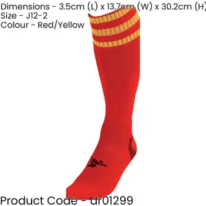 JUNIOR Size 12-2 Pro 3 Stripe Football Socks - RED/YELLOW - Contoured Ankle