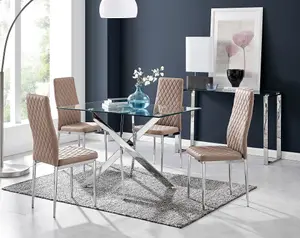 Furniturebox Leonardo 4 Seat Rectangular Glass Dining Table with Silver Metal Legs & 4 Beige Milan Faux Leather Silver Leg Chairs