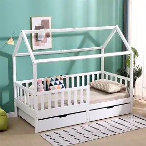 FurnitureHMD Wooden Kids Bed Frame,Solid Pine Wood,3 FT Single House Bed Frame,Chidren Floor Bed with Two Drawers