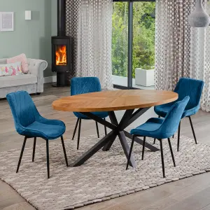 Dosenna Oval Dining Table Set with 4 Bovino Velvet Chairs - Blue