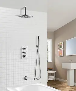 Flora 3 Way Round Concealed Thermostatic Mixer Valve Bath Filler Hand Shower