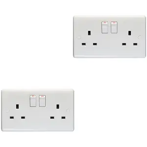 2 PACK 2 Gang Single Pole 13A Switched UK Plug Socket WHITE Double Power Outlet