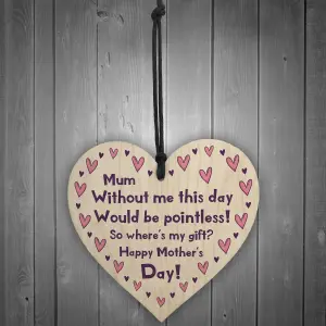 Funny Humour Mothers Day Gift For Mum Wood Heart Joke Gift From Daughter Son