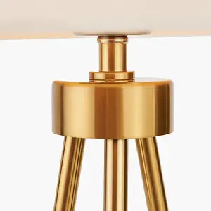 Brass Metal Tripod Table Lamp With Cream Velvet Shade