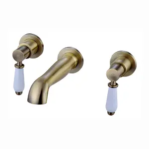 ENKI Downton Antique Brass 3-Hole Wall Mounted Ceramic Lever Brass Basin Mixer Tap BT0805