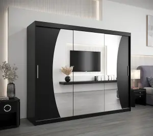 Wave Contemporary 3 Mirrored Sliding Door Wardrobe 9 Shelves 2 Rails Black Matt (H)2000mm (W)2500mm (D)620mm