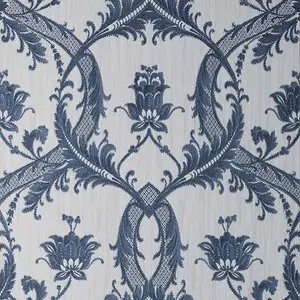 Damask Wallpaper Fine Décor Textured Heavyweight Vinyl Blue Glitter