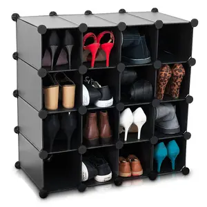 LIVIVO Multi-Purpose 16-Section Interlocking Cube Shoe Rack Organiser with Back Panels - Holder with Space for 16 Pairs of Shoes