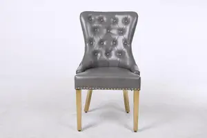 A Pair of Leather Aire Dining Chairs with Golden Legs, Knocker & Studs in Grey