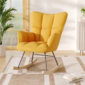 Yellow Linen Effect Rocking Chair Recliner Armchair with Rubber Wood Runner