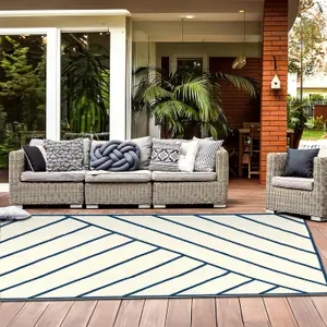 Extra Large Garden Outdoor Rug For Patio, Royal Blue & Cream Geo-Lines Waterproof Garden Rug 180 x 270cm