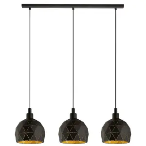 Pendant Ceiling Light Colour Black Faceted Gold Inner Shade Bulb E14 3x40W