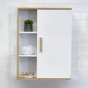 Showerdrape Cassino Matt White & Bamboo Wall Bathroom Cabinet with Display Shelves