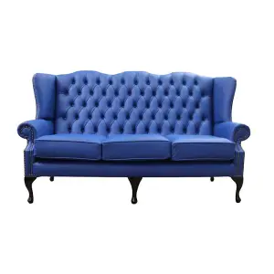 Chesterfield 3 Seater Flat Wing High Back Sofa Ultramarine Blue Leather In Queen Anne Style