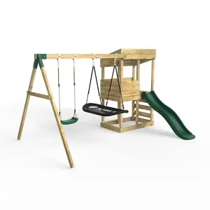 Rebo Wooden Lookout Tower Playhouse with 6ft Slide & Swings - Badlands