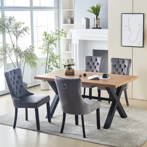 Cero Live Edge Oak Wood Veneer Dining Table and 4 Grey Luxury Velvet Dining Chairs Dining Room Furniture Sets