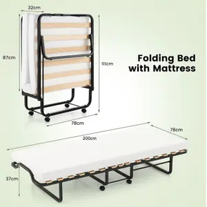 Costway Folding Bed Frame Portable Metal Guest Bed With 10cm Memory Foam Mattress