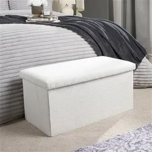 OHS Foldable Bouclé Rectangle Storage Ottoman - White