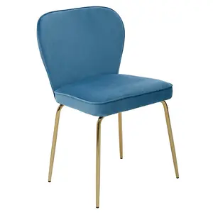 Blue Velvet Tapered Back Dining Chair, Sleek Curves Velvet Upholstery Dining Room Chair, Gold Finish Legs