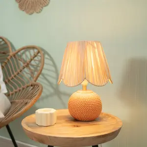 ValueLights Sebby Pair of - Peach Ceramic Table Lamp with Natural Raffia Shade - LED Bulbs Included