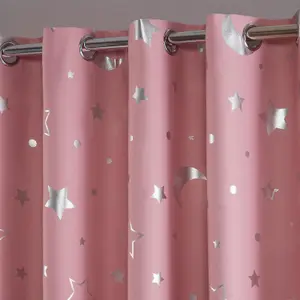 Dreamscene Galaxy Star Thermal Blackout Curtains PAIR of Eyelet Ring Top Ready Made PanelsMetallic Moon - Pink Blush, 46" x 54"